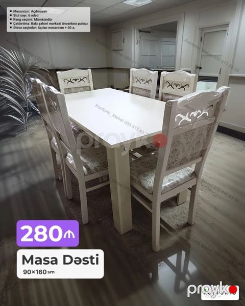 Məhsul: Masa Dəsti Ölçü: 90×160 sm Stul sayı: 6 ədəd Mekanizm — Bakı