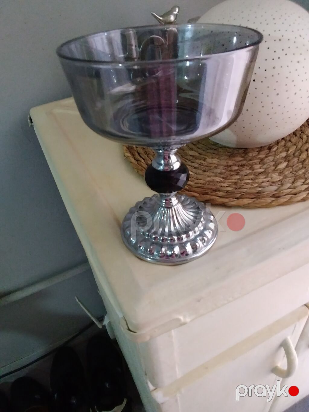 Dekorativ şüşə qab – ayaqlı - Material: qalın şəffaf şüşə kasa, metal — Süfrə qabı, Masazır (3)