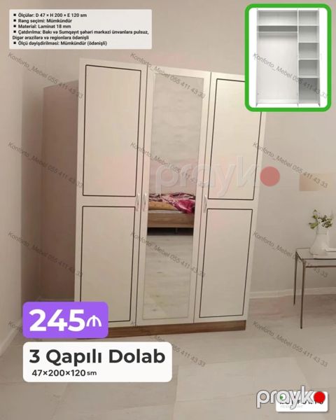 3 qapılı paltar dolabı Ölçülər: 47×200×120 sm Material: 18 mm — Bakı