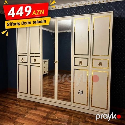 Mebel: Ağ-qızılı dekorlu geniş paltar dolabı - Dizayn: Klassik ağ
