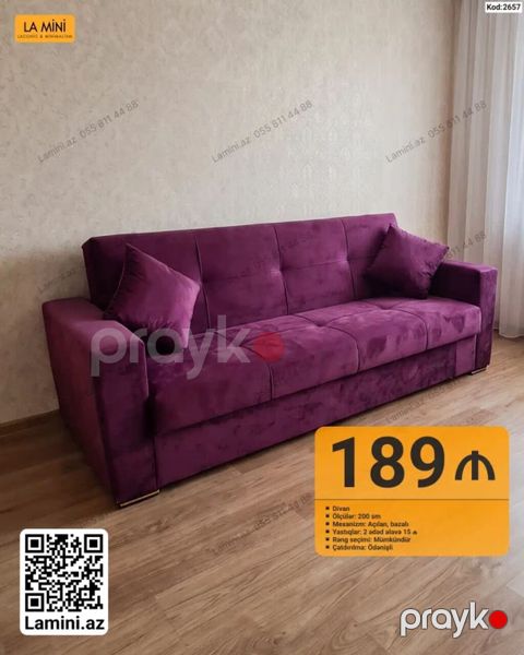 Bənövşəyi rəngdə, müasir dizaynlı divan - Ölçü: 200 sm - Mexanizm — Bakı