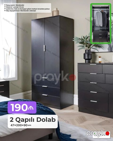 2 qapılı geyim dolabı — ölçülər: 47×200×90 sm. Material: 18 mm — Bakı