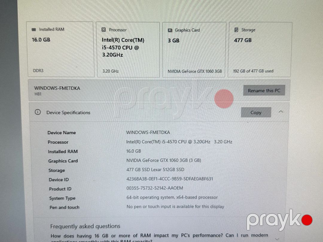 Gaming PC i5-4570 GTX 1060 3GB 16GB RAM 512GB SSD — Masaüstü kompüterlər, Bakı (5)
