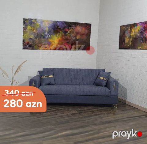 Mavi rəngli, müasir üslubda üçnəfərlik divan. Düz xətli, vertikal — Bakı