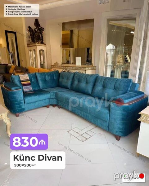 Künc divan – 300×200 sm Mexanizm: açılan, bazalı (yataq funksiyası — Bakı