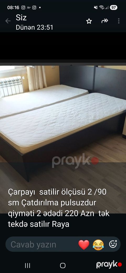 İki ədəd tək nəfərlik çarpayı - Ölçü: 90×200 sm (hər biri) - Rəng — Sumqayıt
