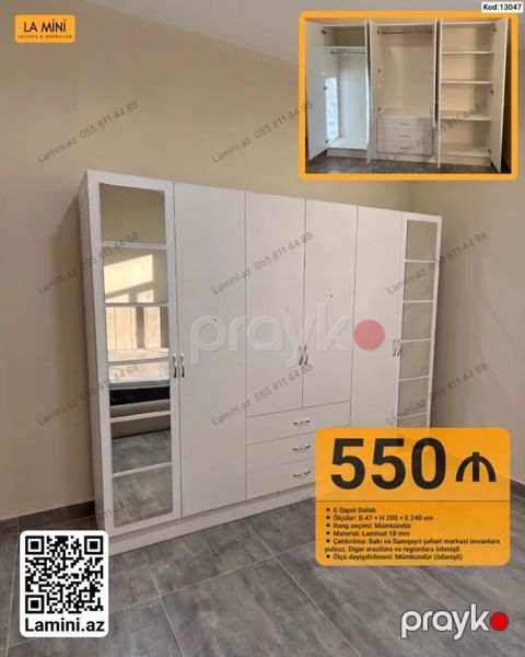 6 qapılı ağ dolab Xüsusiyyətlər: - Ölçü: D 47 H 200 E 240 sm — Bakı