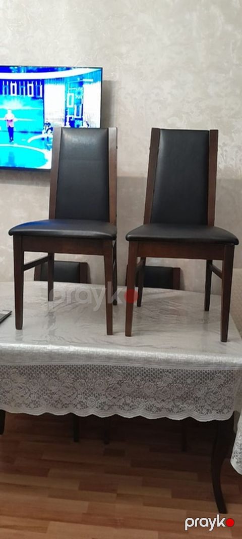 Taxta karkaslı yumşaq oturacaqlı stullar (6 ədəd) - Material: tünd — Bakı
