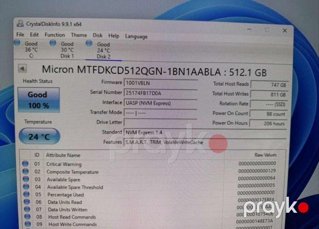 Micron 2500 M.2 NVMe 512 GB SSD (PCIe Gen4 x4). ​Sağlamlıq: 100% — Sabit diskləri, Bakı (2)