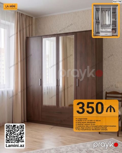 4 qapılı dolab – Kod: 1798 Ölçülər: D 47 H 200 E 160 sm — Bakı