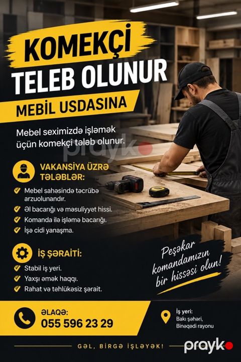 Vakansiya: Mebel ustasına köməkçi Məzmun: - Mebel sexində işləmək — Bakı