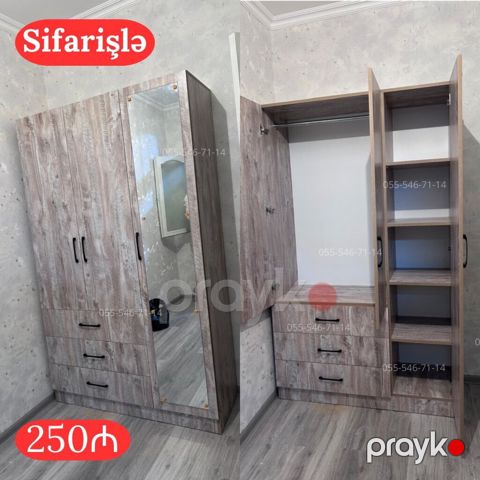 Düz dolab, Yataq otağı üçün, Paltar üçün, Açılan, Korpuslu, 3 qapılı — Bakı