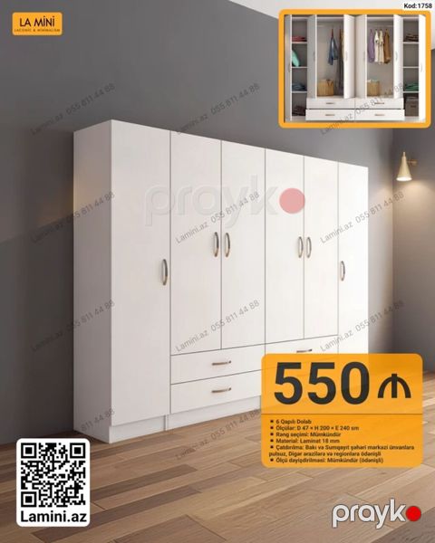 6 qapılı dolab – Lamini.az - Ölçülər: D 47 H 200 E 240 sm — Bakı