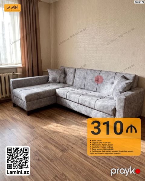 Künc divan – Kod: 2172 - Ölçülər: 240 x 150 sm - Mexanizm: Açılan — Bakı