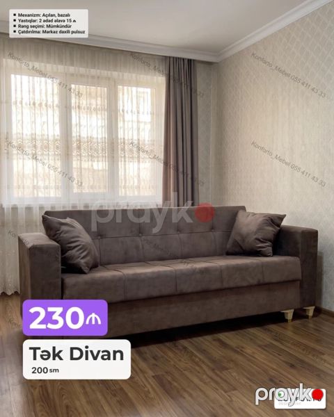 Tək Divan – 200 sm - Mexanizm: açılan, bazalı - Ölçü: uzunluq 200 sm — Bakı