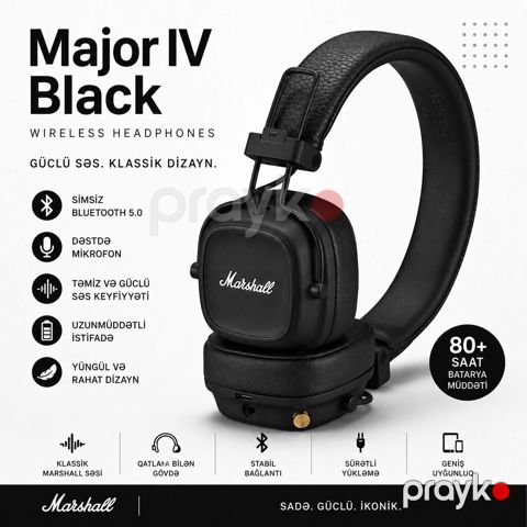Marshall Major IV Black simsiz qulaqlıq - Güclü səs, klassik dizayn — Masazır