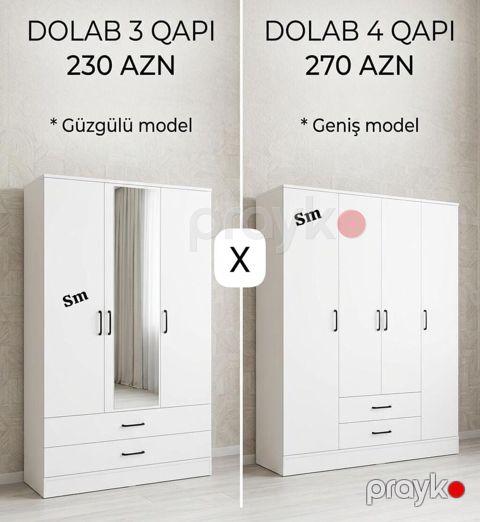 Ağ rəngdə müasir qapalı geyim dolabları - 3 qapılı, güzgülü model — Bakı