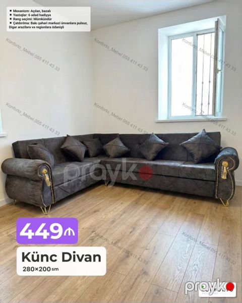Künc divan – 280×200 sm - Mexanizm: açılan, bazalı (yuxarıdan açılan — Bakı