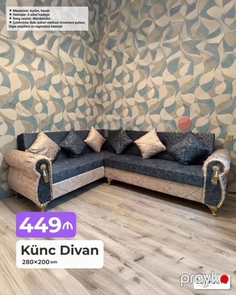 Künc Divan – 280×200 sm - Mexanizm: açılan, bazalı (yataq funksiyalı) — Bakı