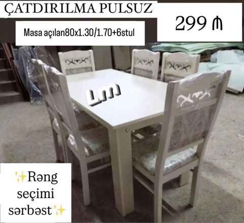 Yemək otağı dəsti – açılan masa + 6 stul - Masa ölçüsü: 80 x 130 sm — Digah