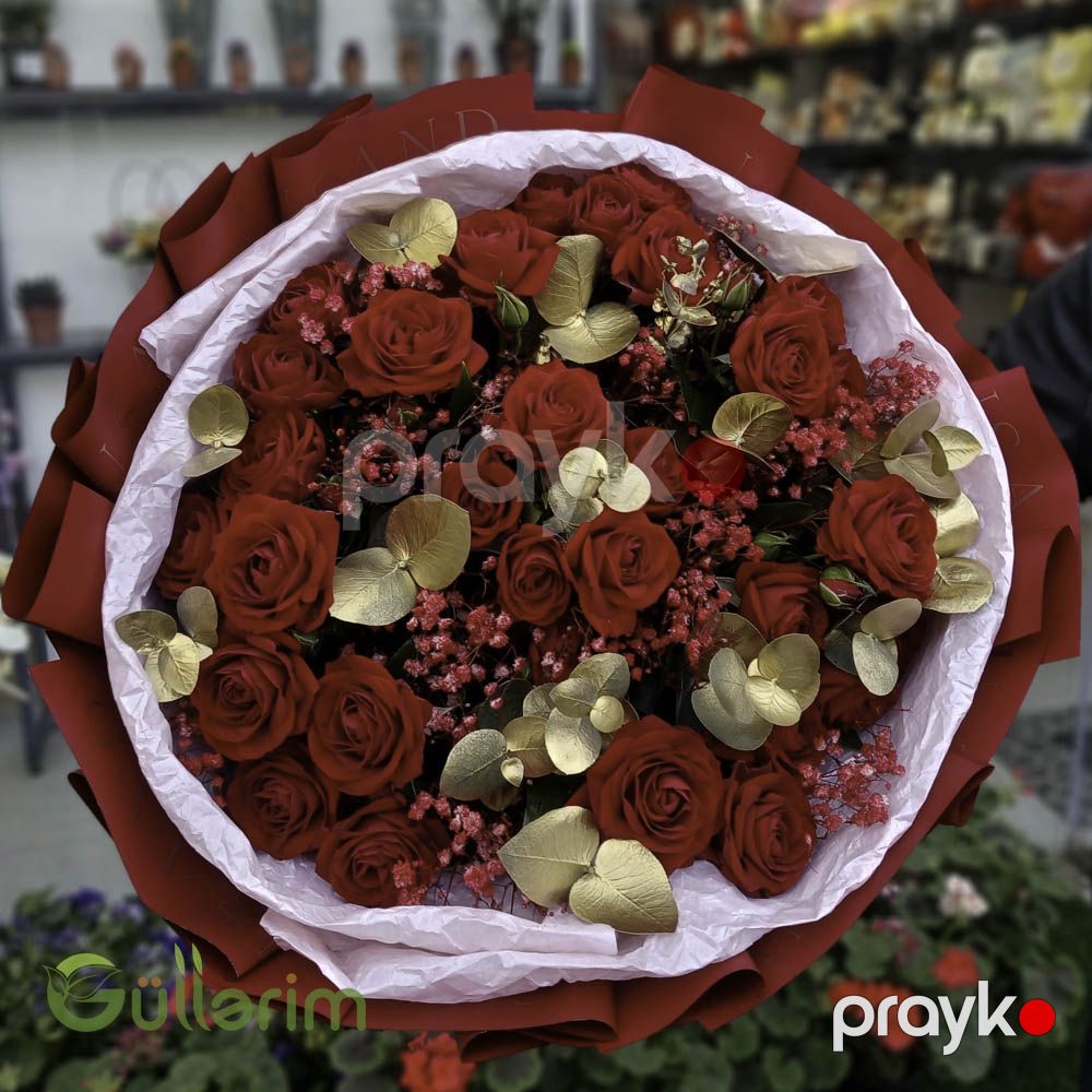 Qırmızı Qızılgüllər və Qızılı Eukalipt ilə Lüks Buket — Bitkilər, Bakı (2)
