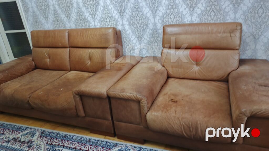 Qəhvəyi rəngdə dəri divan dəsti - Material: təbii dəri üzü, yumşaq — Yumşaq mobilya dəstləri, Masazır (5)
