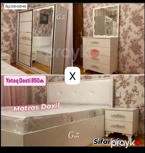 Yataq dəsti – 850₼ Komplekt: 2 sürgülü qapılı iri şkaf (güzgülü), 4 — Bakı