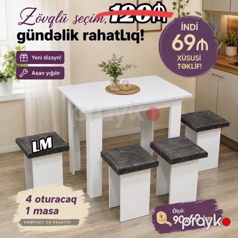 4 oturacaq və 1 masadan ibarət kompakt mətbəx/dinlənmə dəsti. Ağ — Mehdiabad