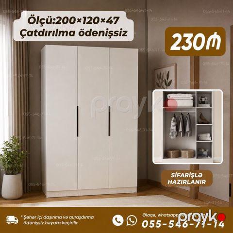 Üç qapılı paltar şkafu - Ölçü: 200 120 47 sm - Rəng: açıq — Bakı