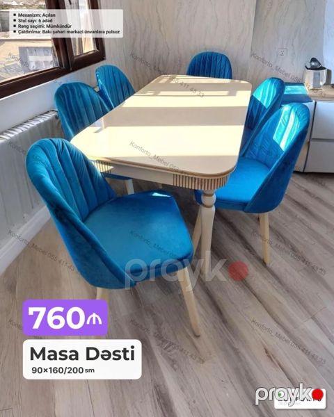 Masa dəsti – 6 stullu - Masa ölçüsü: 90×160/200 sm (açılan — Bakı