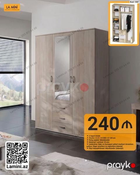 3 qapılı geyim dolabı - Ölçülər: E 47 H 200 E 120 sm - Material — Bakı