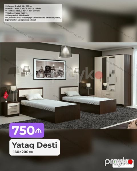 Yataq Dəsti – 160×200 sm Komplekt: - Çarpayı: 2 ədəd, 90×200 sm — Bakı