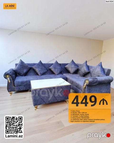 Künc Divan – Kod: 2524 - Ölçülər: 280 200 sm - Mexanizm: Açılan — Bakı