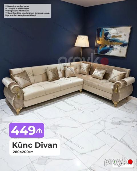 Künc divan – 280×200 sm - Açılan, bazalı mexanizm - 6 ədəd yastıq — Bakı