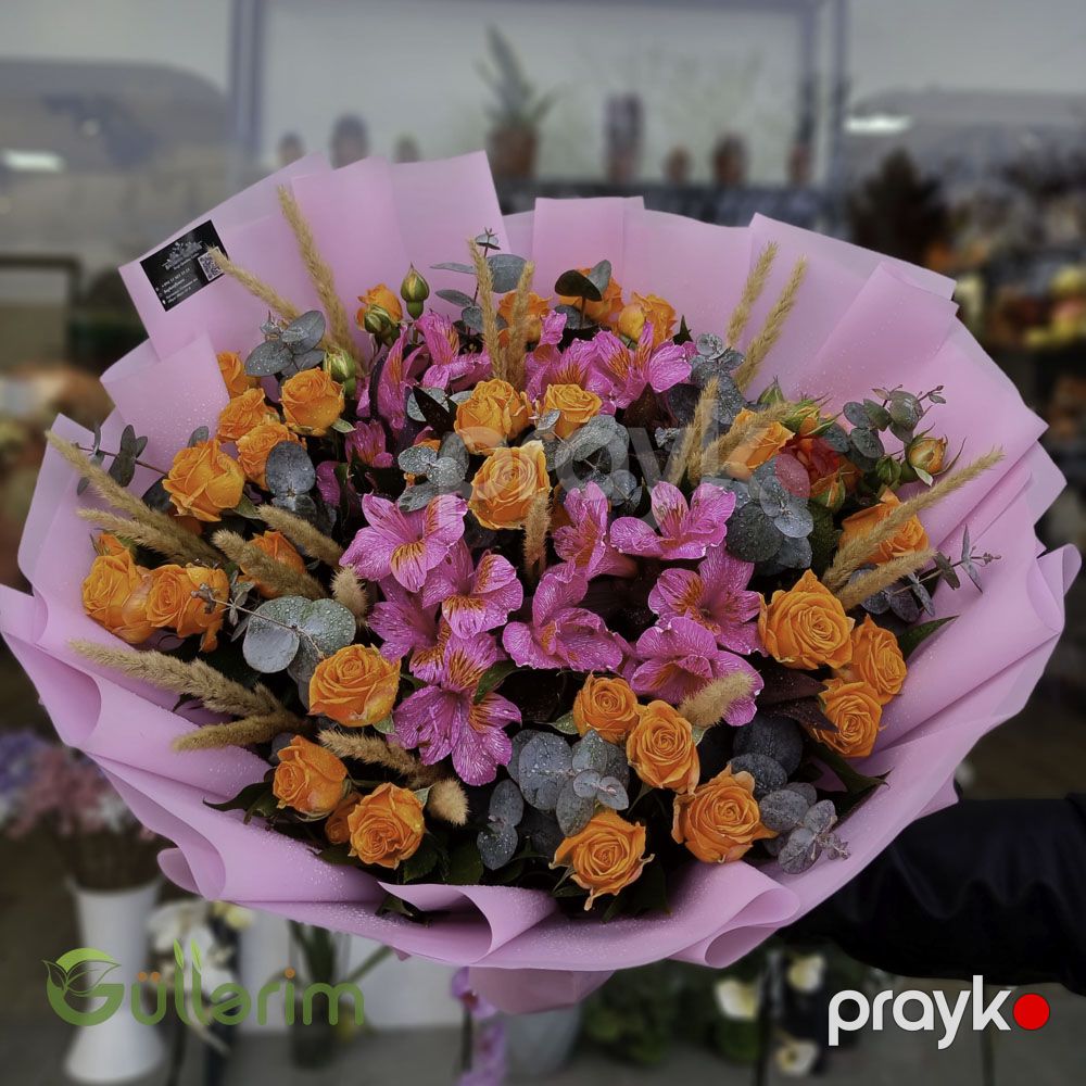 Narıncı Mini Qızılgül və Alstroemeria ilə Rəngarəng Buket — Bitkilər, Bakı (2)