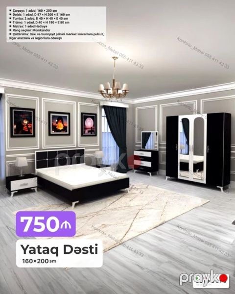 Yataq Dəsti – 160×200 sm Komplekt tərkibi və ölçülər: - Çarpayı: 1 — Bakı