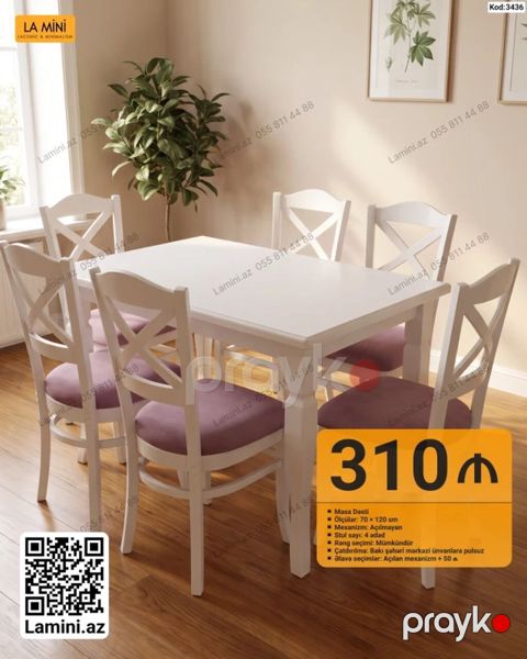 Masa dəsti – kod: 3436 - Komplekt: 1 masa + 6 stul - Ölçü (masa): 70 — Bakı