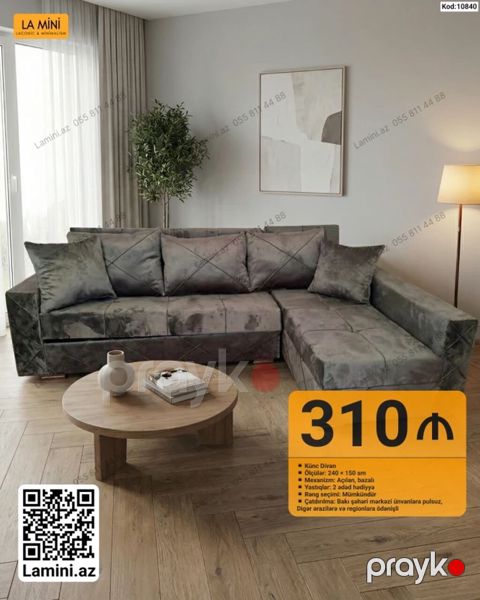 LA Mını künc divan - Ölçülər: 240 150 sm - Mexanizm: açılan, bazalı — Bakı