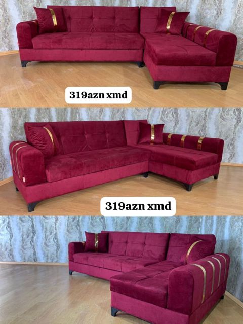 Bordo rəngli L formalı künc divan - Zərif qızılı dekor zolaqları və — Yumşaq mebel