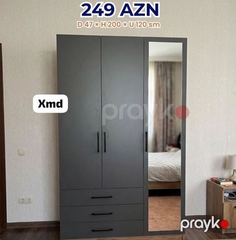 Qarderob şkafı – güzgülü, 3 qapılı, 3 çekmecəli. Ölçülər: dərinlik 47 — Mehdiabad