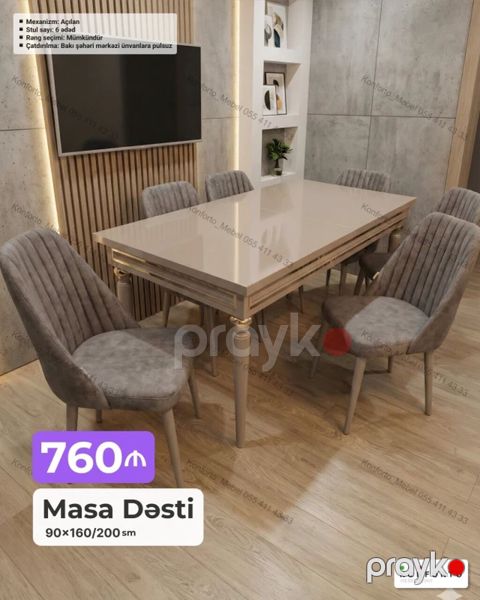 Masa dəsti – 6 stullu, açılan mexanizmlə Ölçü: 90×160/200 sm — Bakı