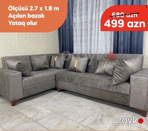 Künc divanı – açılan bazalı, yataq olur. - Ölçü: 2.7 x 1.8 m - Rəng — Bakı