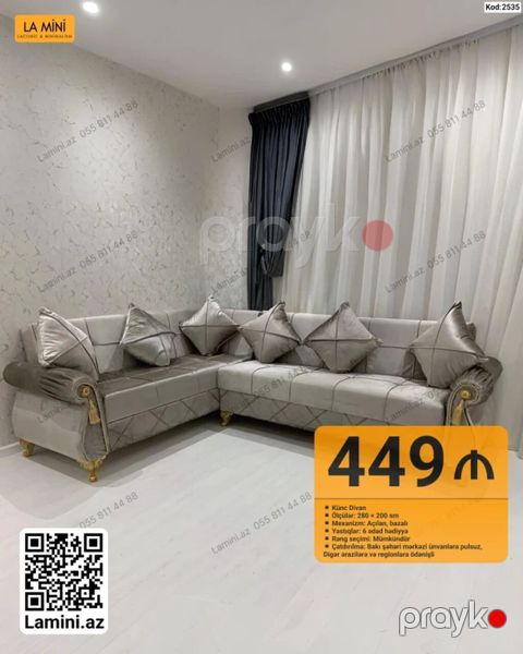 Künc Divan – Kod: 2535 - Ölçülər: 280 200 sm - Mexanizm: Açılan — Bakı