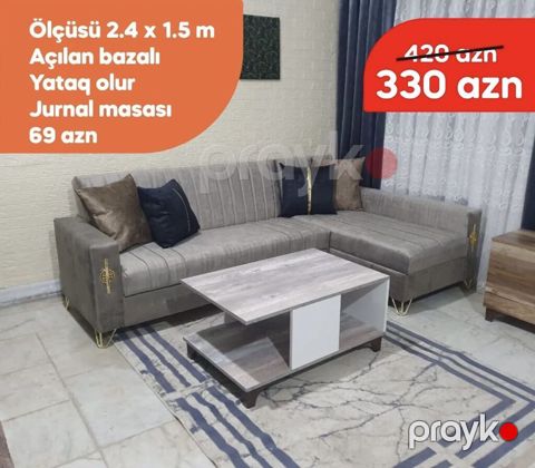L‑şəkilli künc divanı və jurnal masası - Ölçü: 2.4 x 1.5 m - Açılan — Bakı