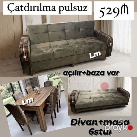 Divan + Masa dəsti Sifarişlə hazırlanır Dəst qiyməti: 529₼ Divan: 2.10 — Bakı