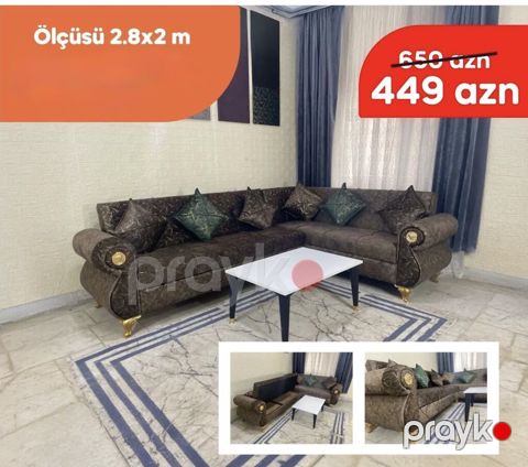 Künc divan dəsti - Ölçü: 2.8 x 2 m - Rəng: tünd qəhvəyi, qızılı dekor — Bakı