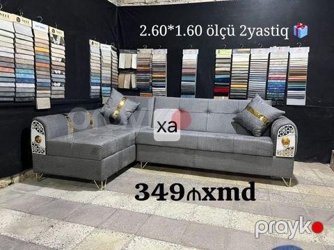 Künc divan – müasir dizayn, boz rəngli parça üzlüklə. - Ölçü: 2.60 m — Xırdalan
