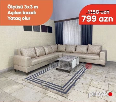 L‑şəkilli yumşaq künc divan dəsti - Ölçü: 3 x 3 m - Açılan bazalı — Bakı