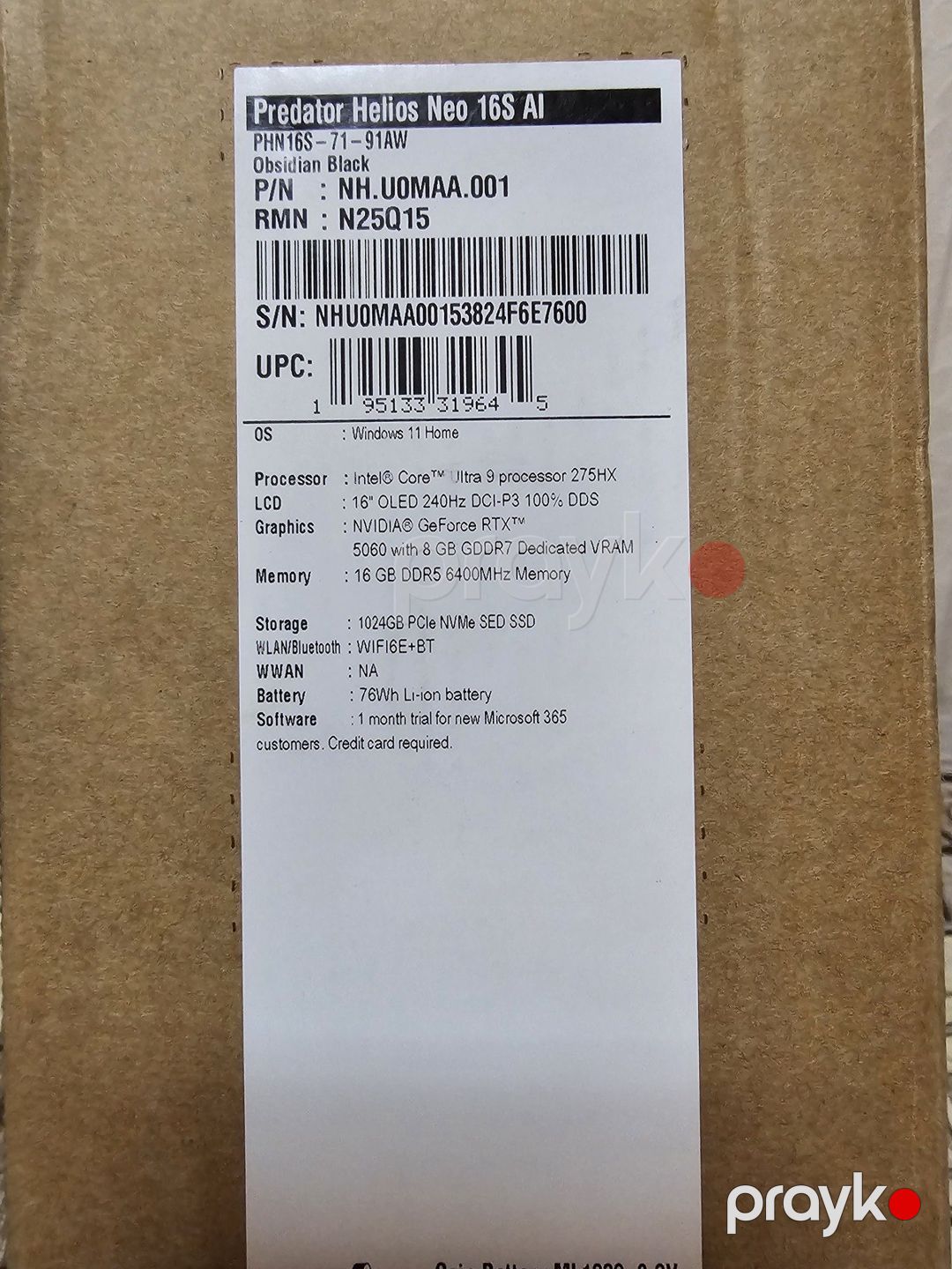 Acer Predator Helios Neo 16S AI Ultra 9 275HX RTX 5060 8GB OLED 4k 240Hz — Noutbuklar, Bakı (2)