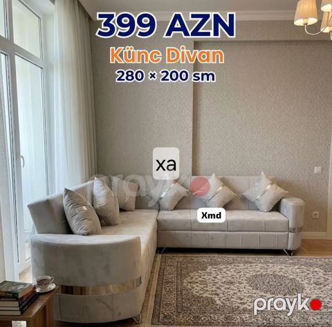 Künc divan – ölçü 280 200 sm - Zərif açıq-boz rəngli, yumşaq parça — Xırdalan